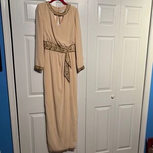 Oleg Cassini Beige Long Sleeve Dress with Gold Accents Size 6.